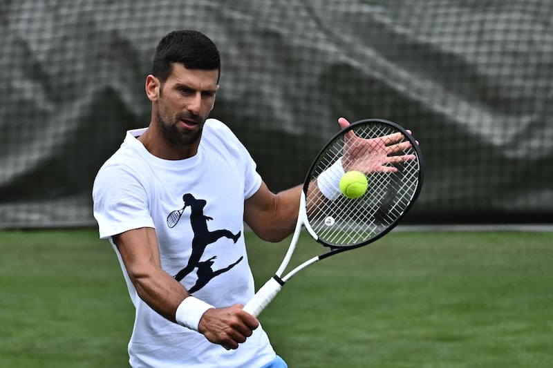 Novak Djokovic during a training session at the All England Lawn Tennis Club in West London on June 27, 2023. The Wimbledon Grand Slam is due to start at the venue on July 3. AFP