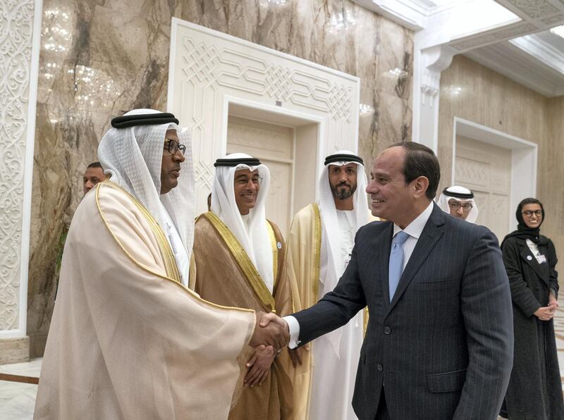 CAIRO, EGYPT - April 10, 2018: HE Abdel Fattah El Sisi President of Egypt (4th L) greets HE Juma Al Junaibi, UAE Ambassador to Egypt (L), at Heliopolis Palace, during an official visit. Seen with HE Mohamed Al Abbar, Founder and Chairman of Emaar Properties and Board Member of Eagle Hills (2nd L) and HE Mohamed Mubarak Al Mazrouei, Undersecretary of the Crown Prince Court of Abu Dhabi (3rd L).

( Mohamed Al Hammadi / Crown Prince Court - Abu Dhabi )