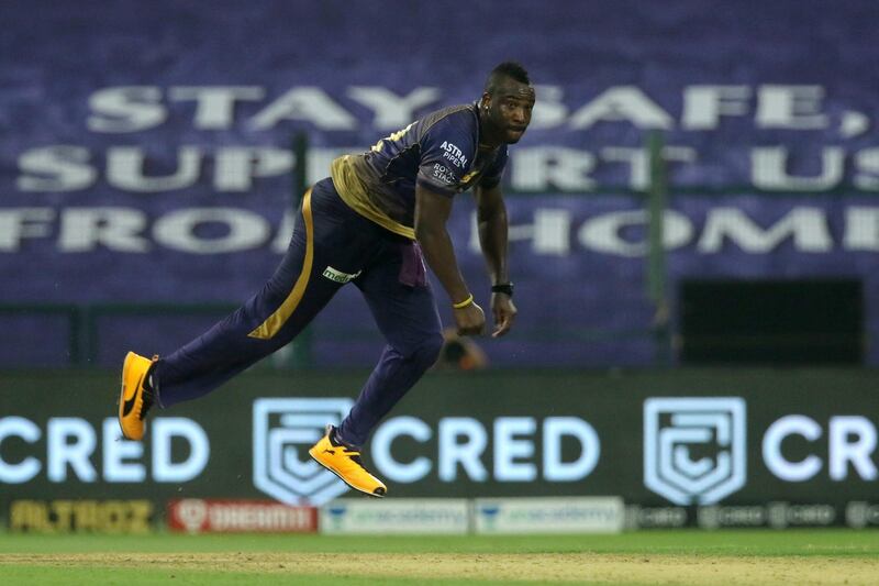 Andre Russell of Kolkata Knight Riders bowls during match 8 of season 13 of the Dream 11 Indian Premier League (IPL) between the Kolkata Knight Riders and the Sunrisers Hyderabad held at the Sheikh Zayed Stadium, Abu Dhabi in the United Arab Emirates on the 26th September 2020.  Photo by: Vipin Pawar  / Sportzpics for BCCI