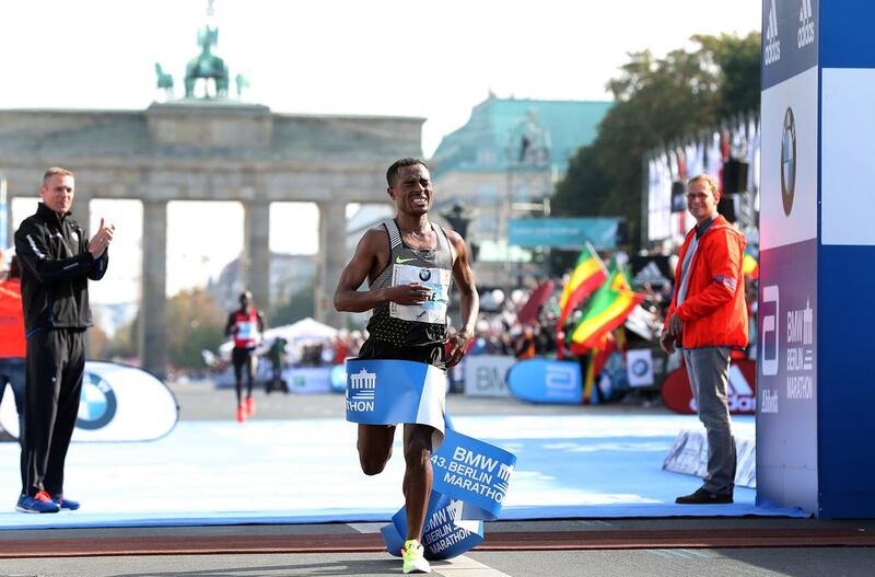 Ethiopia running Kenenisa Bekele crosses the finish line during the 43rd BMW Berlin Marathon in September. Ronny Hartmann / Getty Images