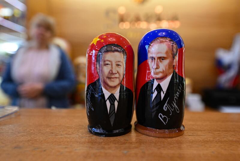 Traditional Russian dolls depicting the presidents at a gift shop in central Moscow. AFP