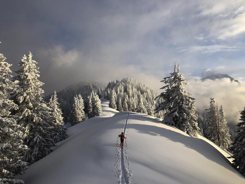 A skier follows a track towards Chimmispitz mountain, in St Margrethenberg, Switzerland. EPA