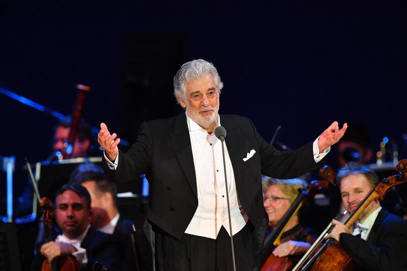 Spanish tenor Placido Domingo performs during his concert in the newly inaugurated sports and culture centre 'St Gellert Forum' in Szeged, southern Hungary, on August 28, 2019.  / AFP / Attila KISBENEDEK
