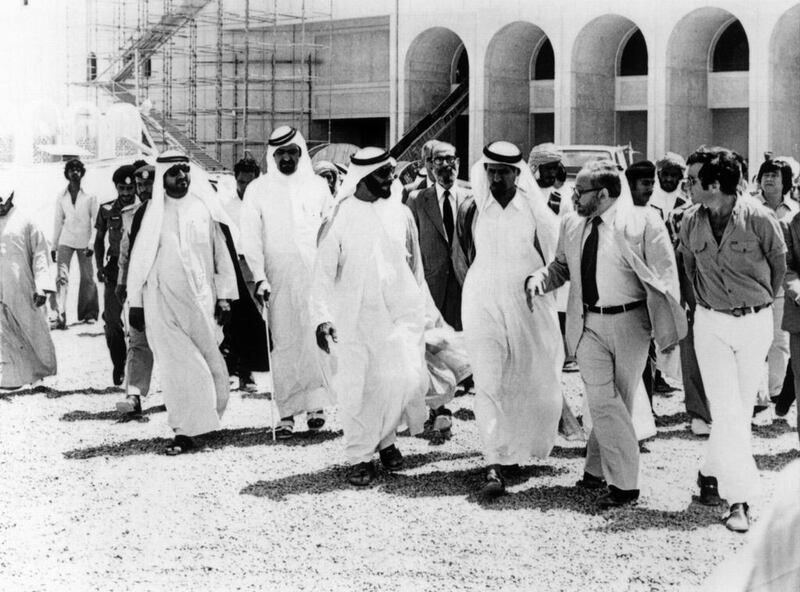 Sheikh Zayed inspects the construction of Abu Dhabi’s Cultural Foundation in 1980.