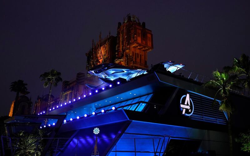 The Avenger's Headquarters with the Guardians of the Galaxy - Mission: Breakout ride in the background at the Avengers Campus. AP