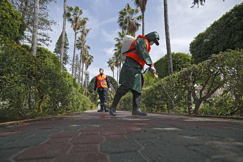 Palestinian municipal workers spray disinfectant on a Gaza City Park. AFP