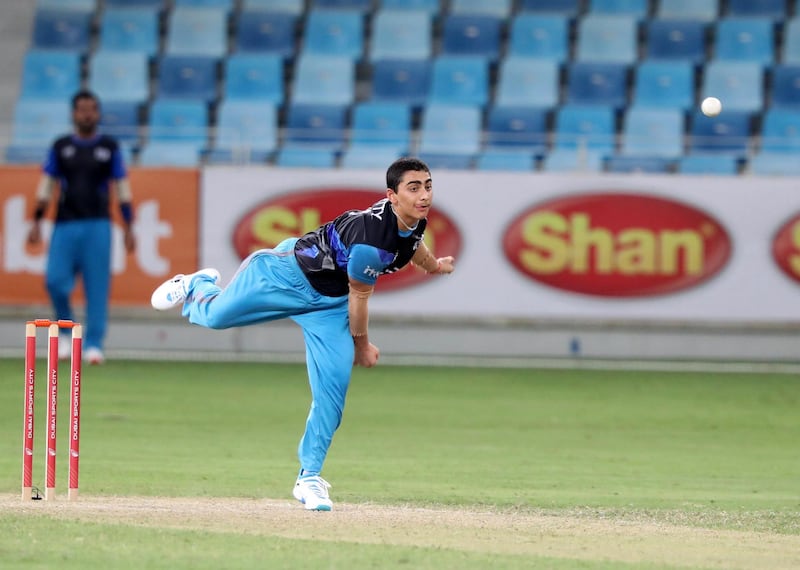 Dubai, United Arab Emirates - Reporter: Paul Radley. Sport. Cricket. Blues Adhitya Shetty bowls during the game between ECB Blues and Fujairah in the final of the Emirates D10. Friday, August 7th, 2020. Dubai. Chris Whiteoak / The National