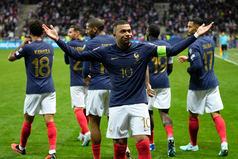 France's Kylian Mbappe celebrates after a goal during the Euro 2024 group B qualifying soccer match between France and Gibraltar in Nice, France, Saturday, Nov.  18, 2023.  (AP Photo / Daniel Cole)
