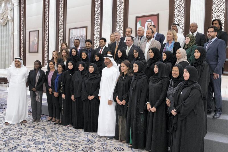 ABU DHABI, UNITED ARAB EMIRATES - May 14, 2019: HH Sheikh Mohamed bin Zayed Al Nahyan, Crown Prince of Abu Dhabi and Deputy Supreme Commander of the UAE Armed Forces (front row 6th L), stands for a group photograph with doctors who volunteered at the Special Olympics World Games Abu Dhabi 2019, during an after reception at Al Bateen Palace. 

( Hamad Al Mansouri for the Ministry of Presidential Affairs )​
---