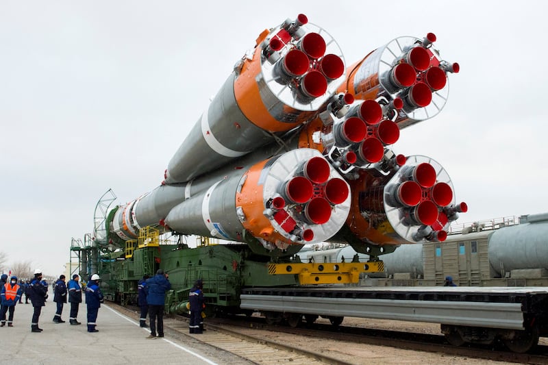 A Russian Soyuz 2.1a rocket booster at the Baikonur Cosmodrome spaceport, in an area of southern Kazakhstan leased to Russia. Reuters 