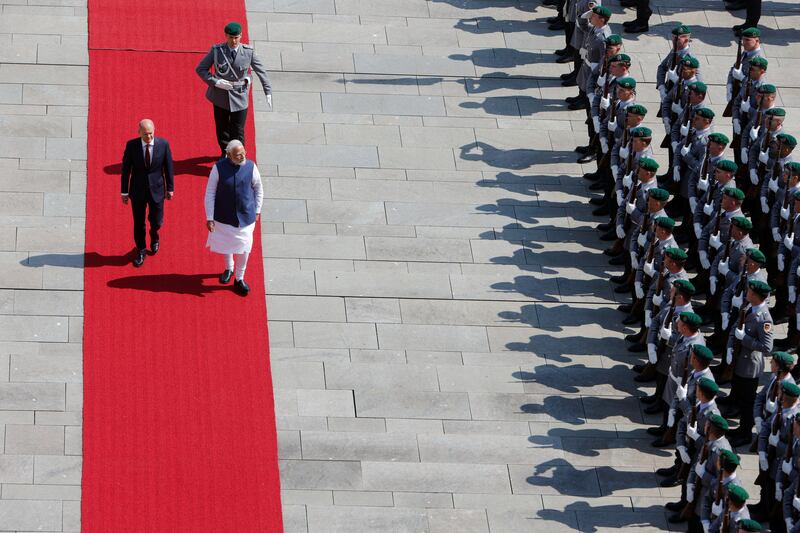 The German chancellorgives Mr Modi the red-carpet treatment with a military parade in Berlin. Reuters