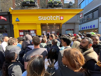 Crowds outside the Swatch shop on Carnaby Street, London, after the launch of the MoonSwatch. PA