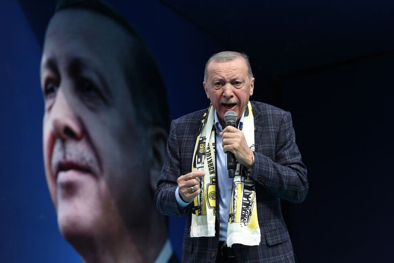 Turkish President Recep Tayyip Erdogan during an election campaign rally in Ankara on April 30. AFP