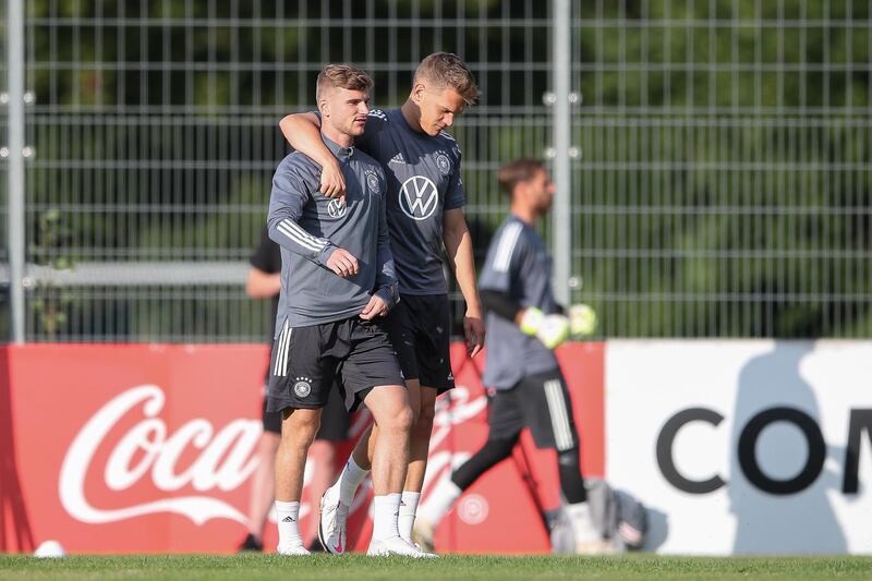 Timo Werner and Matthias Ginter during a training session at ADM-Sportpark ahead of Germany's Uefa Nations League group stage match against Spain. Getty Images