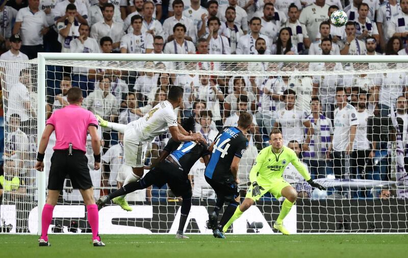 Real Madrid's Casemiro scores their second goal. REUTERS
