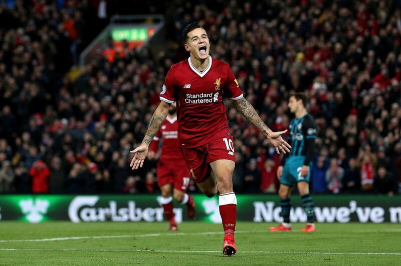 LIVERPOOL, ENGLAND - NOVEMBER 18:  Philippe Coutinho of Liverpool celebrates scoring his side's third goal during the Premier League match between Liverpool and Southampton at Anfield on November 18, 2017 in Liverpool, England.  (Photo by Jan Kruger/Getty Images)