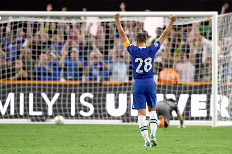 Chelsea defender Cesar Azpilicueta celebrates after a goal by Mason Mount against Club America. AP