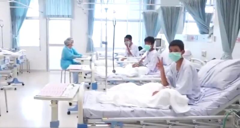 The first images emerge of the twelve Thai youth football players rescued from the Tham Luang cave in northern Thailand. Footage: Thailand Government Public Relations Department