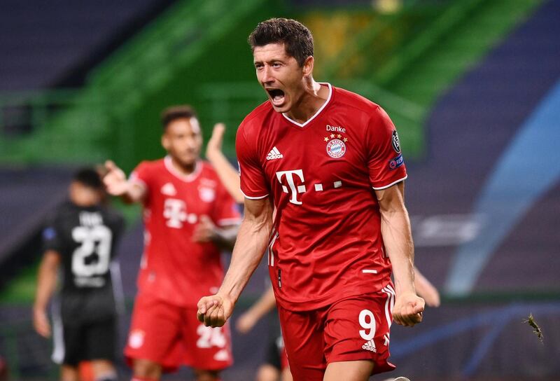 Soccer Football - Champions League Semi Final - Olympique Lyonnais v Bayern Munich - Jose Alvalade Stadium, Lisbon, Portugal - August 19, 2020  Bayern Munich's Robert Lewandowski celebrates scoring their third goal, as play resumes behind closed doors following the outbreak of the coronavirus disease (COVID-19)  Franck Fife/Pool via REUTERS