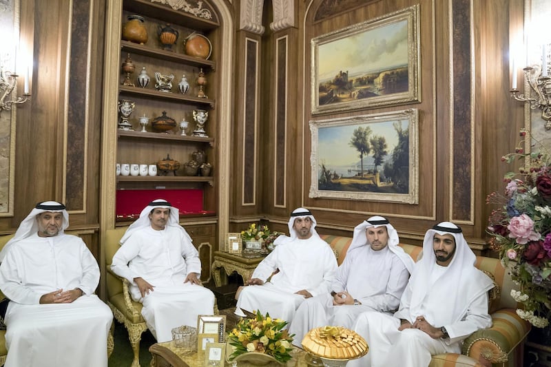 RIYADH, SAUDI ARABIA- December 13, 2017: (R-L) HH Sheikh Shakboot bin Nahyan bin Mubarak Al Nahyan, UAE Ambassador to Saudi Arabia, HE Khaldoon Khalifa Al Mubarak, CEO and Managing Director Mubadala, Chairman of the Abu Dhabi Executive Affairs Authority and Abu Dhabi Executive Council Member, HE Mohamed Mubarak Al Mazrouei, Undersecretary of the Crown Prince Court of Abu Dhabi and HE Ali Mohamed Hammad Al Shamsi, Deputy Secretary-General of the UAE Supreme National Security Council attend a meeting with HM King Salman Bin Abdulaziz Al Saud, of Saudi Arabia and Custodian of the Two Holy Mosques (not shown), at Arqa Palace.

( Mohamed Al Hammadi / Crown Prince Court - Abu Dhabi )
---