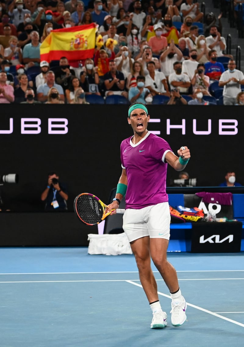  Rafael Nadal celebrates winning the fourth set. Reuters