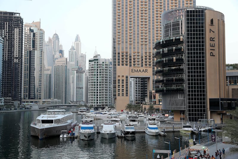 DUBAI, UNITED ARAB EMIRATES , October 12 – 2020 :- View of the towers in Dubai Marina in Dubai. (Pawan Singh / The National) For Stock
