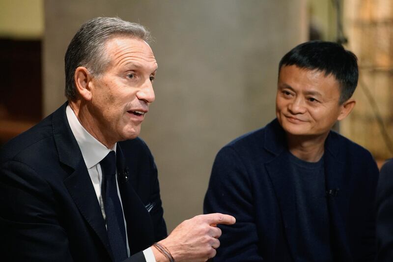 Starbucks executive chairman Howard Schultz, left, and Alibaba Group executive chairman Jack Ma are seen at the new Starbucks Reserve Roastery in Shanghai. Aly Song / Reuters