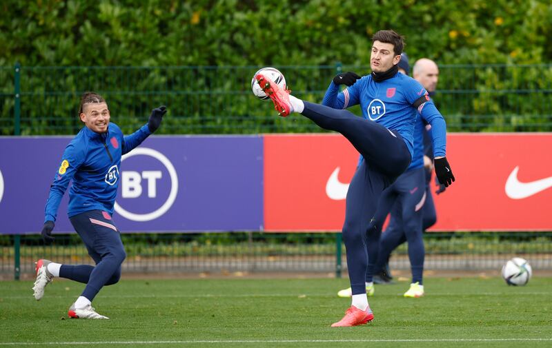 England's Harry Maguire and Kalvin Phillips during training on Sunday. Reuters