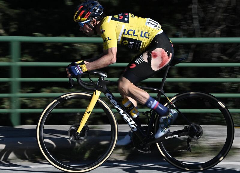 Team Jumbo rider Slovenia's Primoz Roglic after falling during Stage 8 of the Paris-Nice race on Sunday, March 14. AFP
