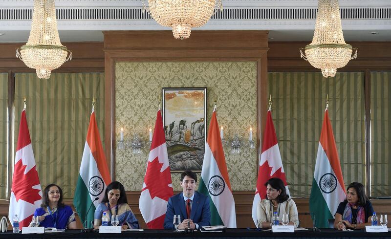 Mr Trudeau speaks during a women business leaders' roundtable discussion in Mumbai. Indranil Mukherjee / AFP Photo