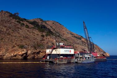 The derrick barge Salta Verde engaged in salvage operations over the wreck of the dive boat Conception at Santa Cruz Island off the coast of Southern California on Friday. AP