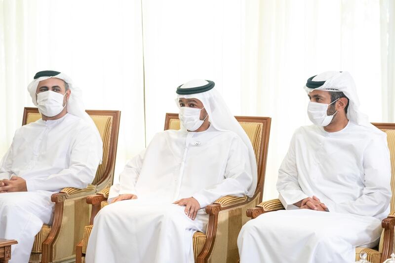 ABU DHABI, UNITED ARAB EMIRATES - July 22, 2020: (L-R) HH Sheikh Theyab bin Mohamed bin Zayed Al Nahyan, Abu Dhabi Executive Council member and Chairman of the abu Dhabi Crown Prince Court (CPC), HH Sheikh Mohamed bin Tahnoon Al Nahyan and other dignitary, attend a meeting with HM King Abdullah II, King of Jordan (not shown). 

( Rashed Al Mansoori / Ministry of Presidential Affairs )
---
