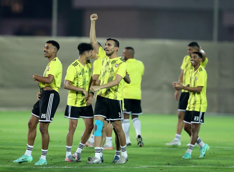 UAE player Walid Abbas celebrates during training before the game between the UAE and Indonesia in the World cup qualifiers at the Zabeel Stadium, Dubai on June 10th, 2021. Chris Whiteoak / The National. 
Reporter: John McAuley for Sport