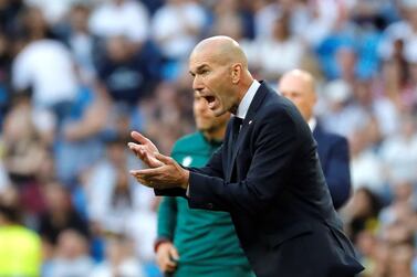epa07886613 Real Madrid's head coach Zinedine Zidane reacts during the UEFA Champions League group A match between Real Madrid and Club Brugge at Santiago Bernabeu in Madrid, Spain, 01 October 2019. EPA/JuanJo Martin