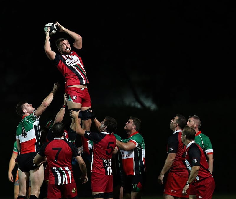 UAE's Daniel Perry is lifted for a line out against Premiership Barbarians in Sharjah on April 28, 2017. Satish Kumar / The National