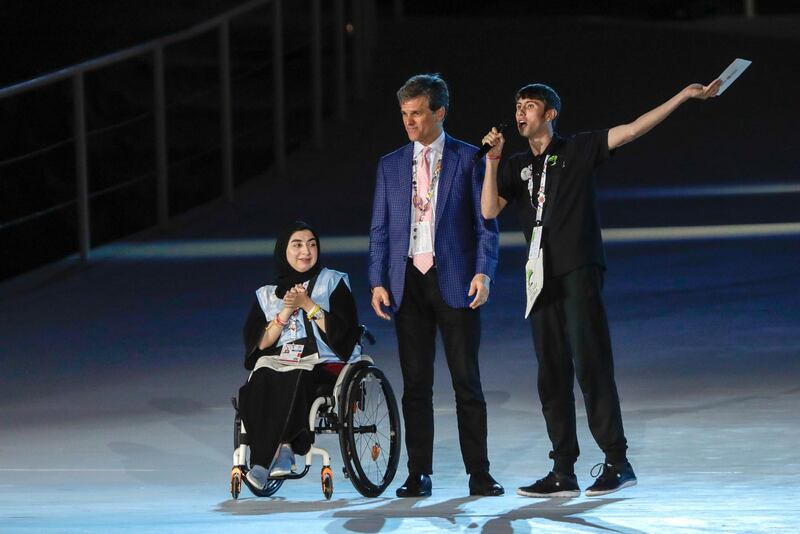 Abu Dhabi, March 21, 2019.  Special Olympics World Games Abu Dhabi 2019. Closing Ceremony. T. SHriver and Noura.Victor Besa/The National Victor Besa/The National