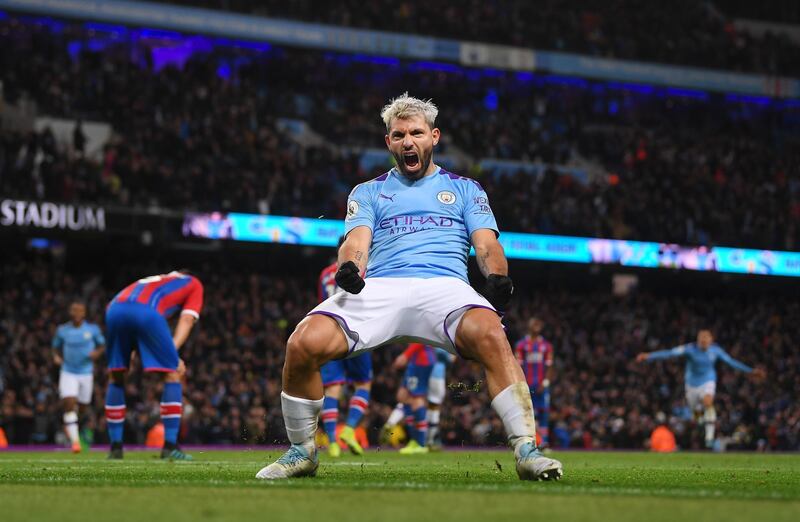 MANCHESTER, ENGLAND - JANUARY 18: Sergio Aguero of Manchester City celebrates scoring his second goal during the Premier League match between Manchester City and Crystal Palace at Etihad Stadium on January 18, 2020 in Manchester, United Kingdom. (Photo by Laurence Griffiths/Getty Images)