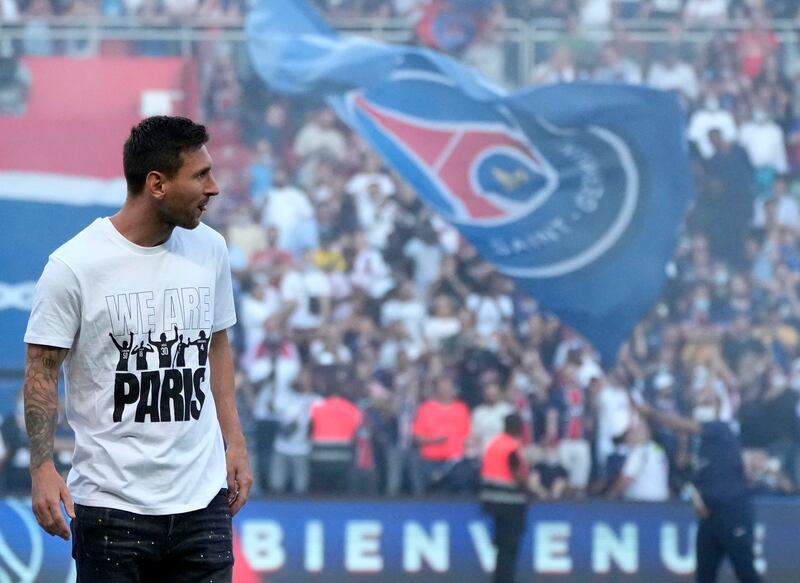 PSG's Lionel Messi during players presentation before the French League One soccer match between Paris Saint Germain and Strasbourg, at the Parc des Princes stadium in Paris.