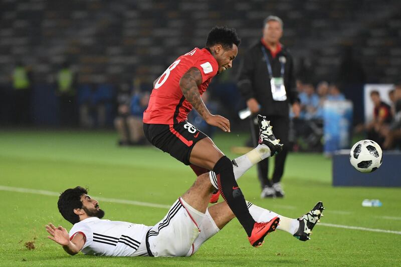 ABU DHABI, UNITED ARAB EMIRATES - DECEMBER 09:  Mohamed Ayed of Al Jazira challenges Rafael Silva of Urawa Reds on December 9, 2017 in Abu Dhabi, United Arab Emirates.  (Photo by Kaz Photography/Getty Images)