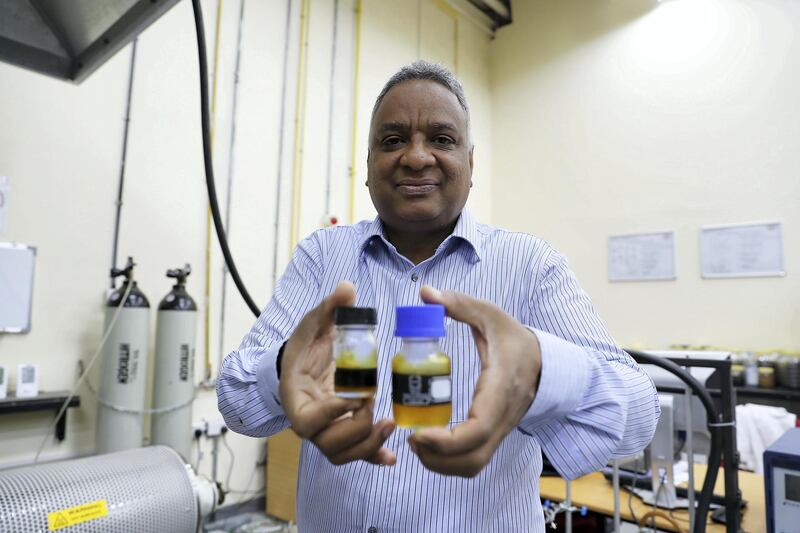 SHARJAH ,  UNITED ARAB EMIRATES , May 22 – 2019 :- Dr Yassir Makkawi , Professor at the Chemical Engineering Department showing the Date Palm bio-fuel inside the lab at the American University of Sharjah in Sharjah. ( Pawan Singh / The National ) For News. Story by Dan Sanderson