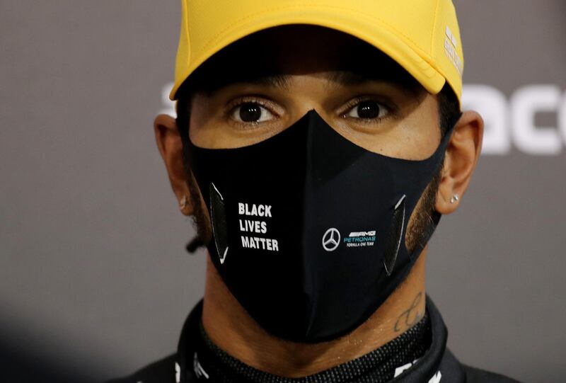 Mercedes' Lewis Hamilton wears a Black Lives Matter face mask after qualifying in third position. Reuters