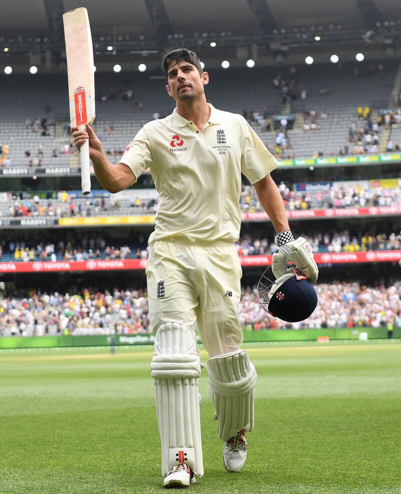 Alastair Cook acknowledges the crowd after he finished the day not out with 244 runs against Australia on December 28, 2017. EPA