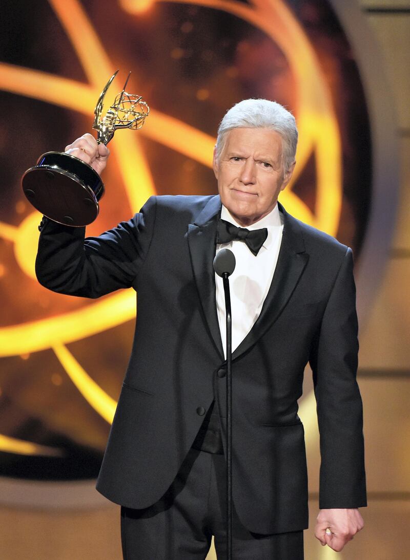 PASADENA, CALIFORNIA - MAY 05: Alex Trebek accepts the Daytime Emmy Award for Outstanding Game Show Host onstage during the 46th annual Daytime Emmy Awards at Pasadena Civic Center on May 05, 2019 in Pasadena, California.   Alberto E. Rodriguez/Getty Images/AFP