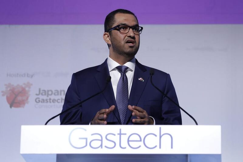 Sultan Al Jaber, Adnoc’s chief executive, gives the opening keynote speech at Gastech, the industry gathering in Tokyo. Kiyoshi Ota / Bloomberg