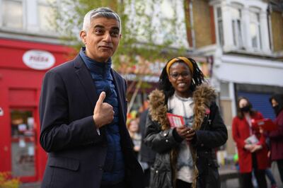 London Mayor Sadiq Khan gestures as he campaigns ahead of the London mayoral election, in Waltham Forest, northeast London on May 5, 2021. Voters will go to the polls to elect a mayor for London on May 6.  / AFP / JUSTIN TALLIS
