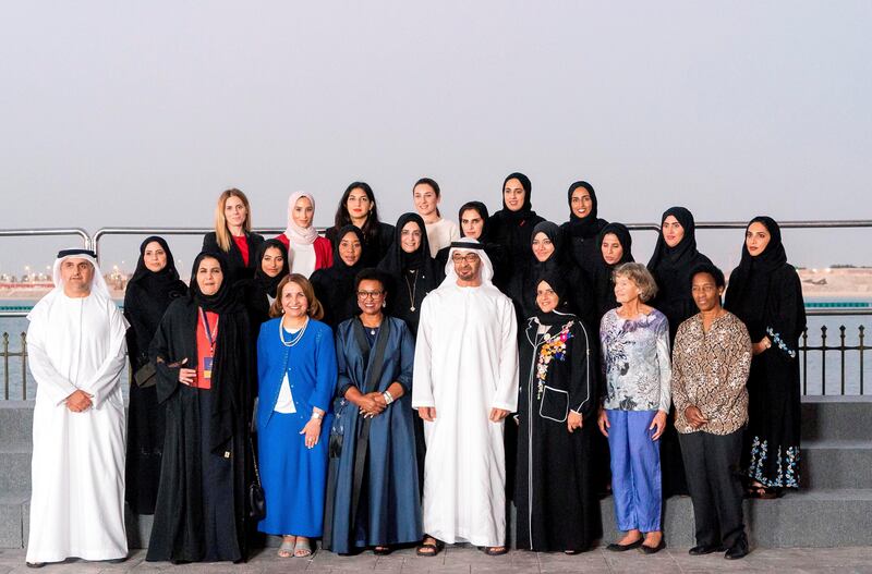 ABU DHABI, UNITED ARAB EMIRATES -November 06, 2017: HH Sheikh Mohamed bin Zayed Al Nahyan Crown Prince of Abu Dhabi Deputy Supreme Commander of the UAE Armed Forces (4th R), stands for a photograph with participants in the Fourth International Women's Sports Conference 2017, during a Sea Palace barza.

( Rashed Al Mansoori / Crown Prince Court - Abu Dhabi )
---