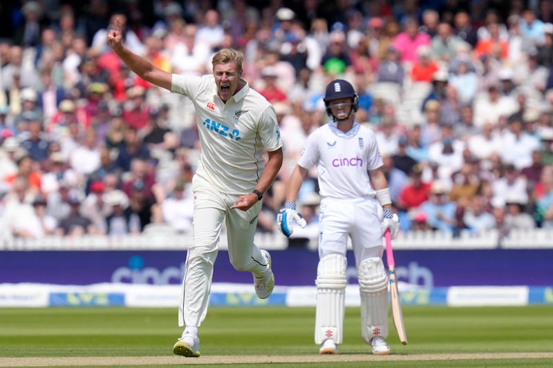 Jamieson celebrates taking the wicket of England's Zak Crawley. AP
