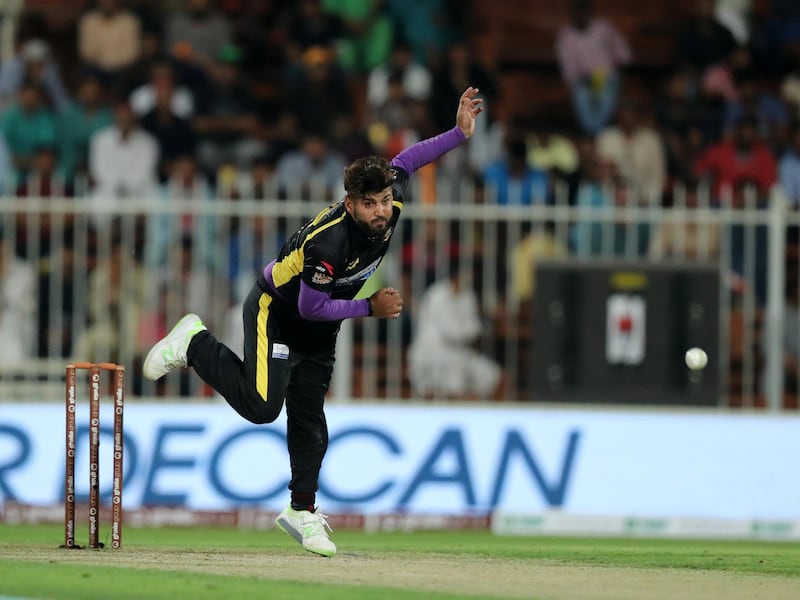 Sharjah, United Arab Emirates - November 22, 2018: Knights' Mohammad Naveed bowls during the game between Kerala Knights and Sindhis in the T10 league. Thursday the 22nd of November 2018 at Sharjah cricket stadium, Sharjah. Chris Whiteoak / The National