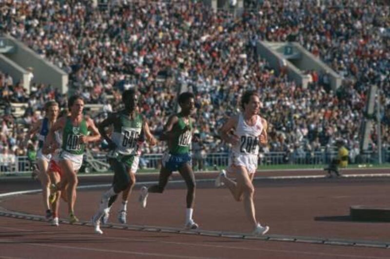 British athlete Barry Smith (No. 284) at the Moscow Summer Olympics, August 1980. Just behind him are Suleiman Nyambui of Tanzania and Yohannes Mohamed of Ethiopia. (Photo by Tony Duffy/Getty Images)