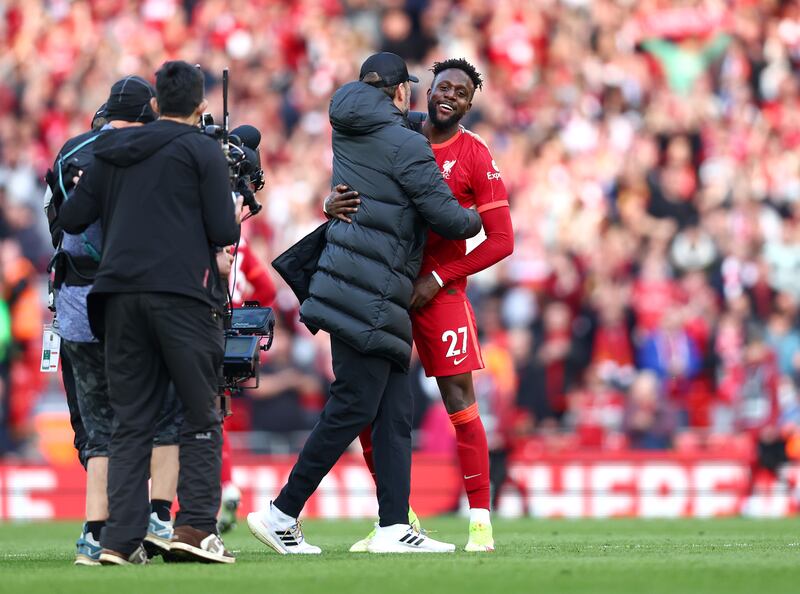 Jurgen Klopp celebrates with Divock Origi. Getty